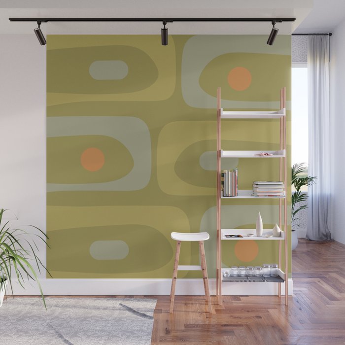 Mid-Century Modern Piquet Minimalist Abstract in Muted Retro Olive Green Celadon Orange Wall Mural Gallery Image 1