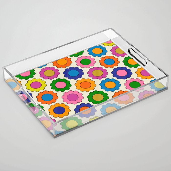 Colorful Flowers Happy Spring Retro Pattern Acrylic Tray Gallery Image 1