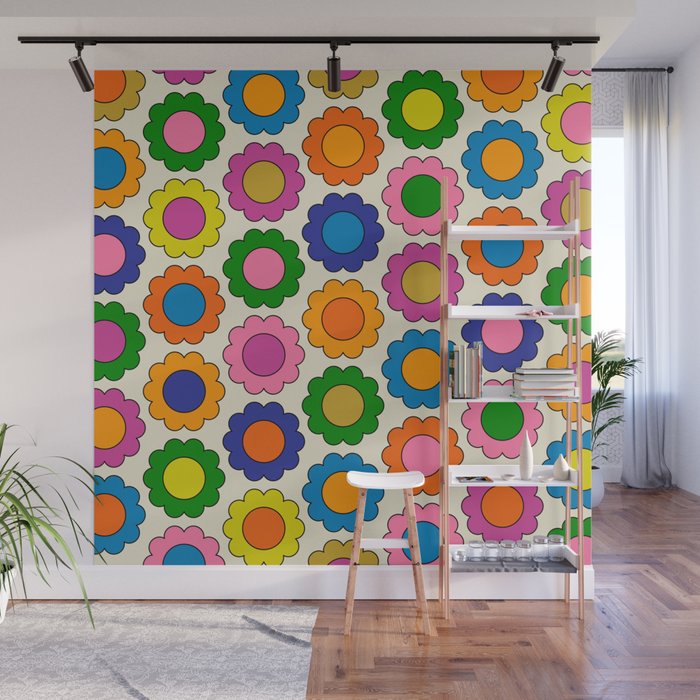 Colorful Flowers Happy Spring Retro Pattern Wall Mural Gallery Image 1