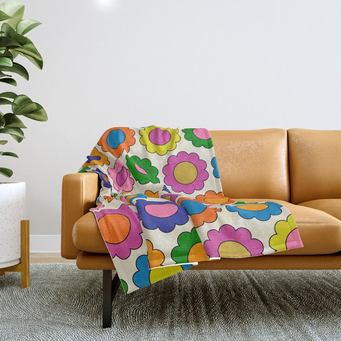 Colorful Flowers Happy Spring Retro Pattern Throw Blanket Gallery Image 1