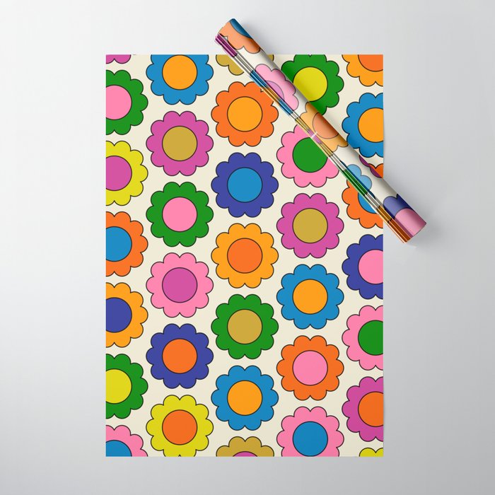 Colorful Flowers Happy Spring Retro Pattern Wrapping Paper Gallery Image 1