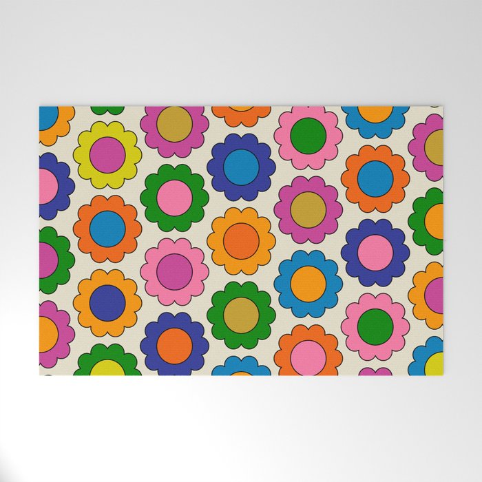 Colorful Flowers Happy Spring Retro Pattern Welcome Mat Gallery Image 1