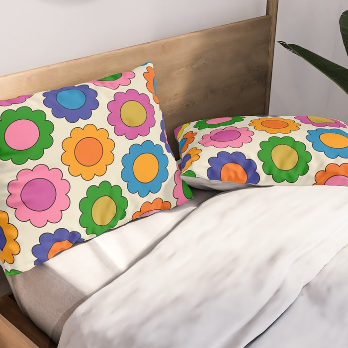 Colorful Flowers Happy Spring Retro Pattern Pillow Sham Gallery Image 2