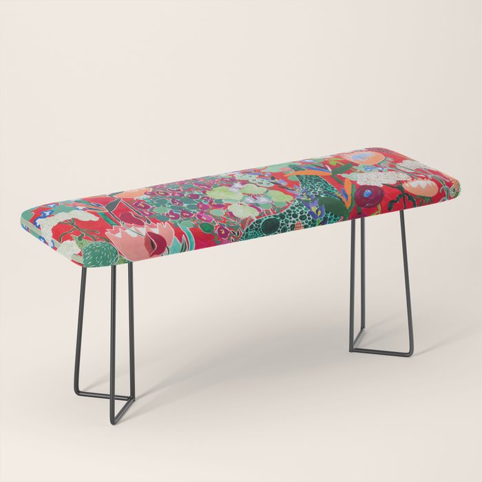 Red floral Jungle Garden Botanical featuring Proteas, Reeds, Eucalyptus, Ferns and Birds of Paradise Bench Gallery Image 1