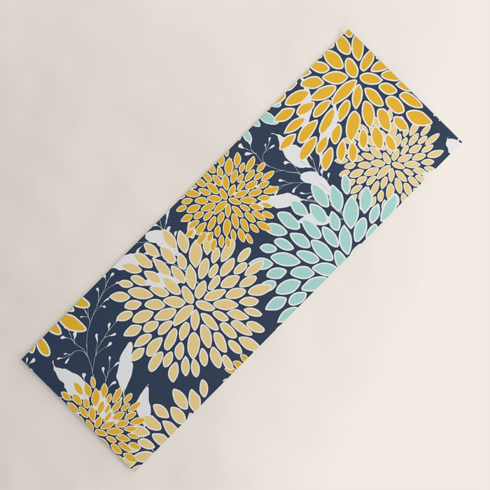 Floral Prints and Leaves, Navy Blue, Yellow, Aqua Yoga Mat Gallery Image 1
