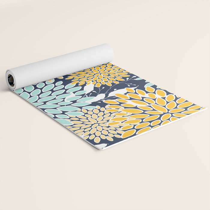 Floral Prints and Leaves, Navy Blue, Yellow, Aqua Yoga Mat Gallery Image 2