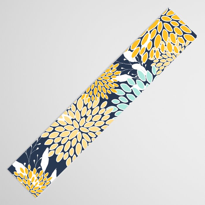 Floral Prints and Leaves, Navy Blue, Yellow, Aqua Table Runner Gallery Image 3