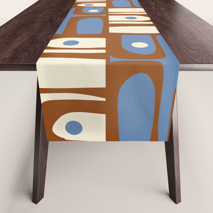 Mid Century Modern Piquet Abstract Multi Retro Brown and Blue Pattern Table Runner Gallery Image 1