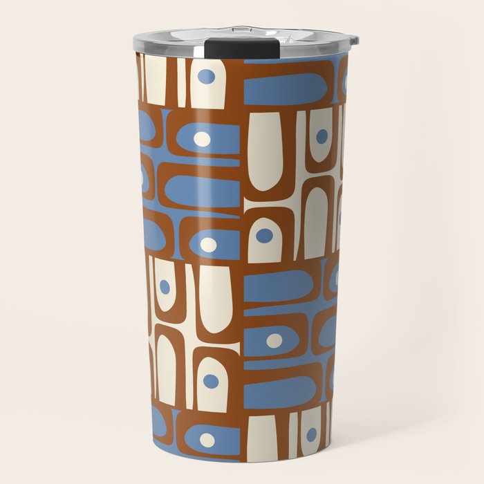Mid Century Modern Piquet Abstract Multi Retro Brown and Blue Pattern Travel Mug Gallery Image 1