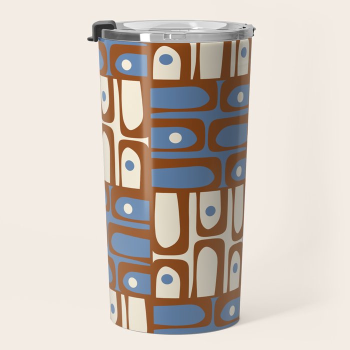 Mid Century Modern Piquet Abstract Multi Retro Brown and Blue Pattern Travel Mug Gallery Image 3