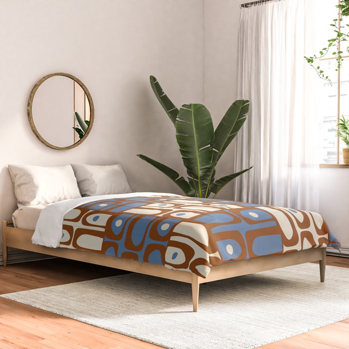 Mid Century Modern Piquet Abstract Multi Retro Brown and Blue Pattern Comforter Gallery Image 2