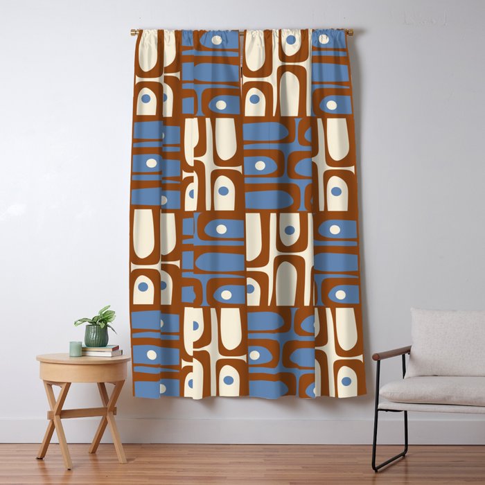 Mid Century Modern Piquet Abstract Multi Retro Brown and Blue Pattern Window Curtain Gallery Image 5