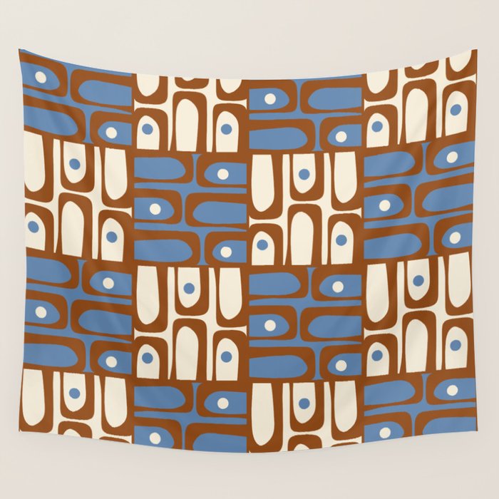Mid Century Modern Piquet Abstract Multi Retro Brown and Blue Pattern Wall Tapestry Gallery Image 4