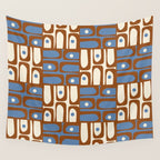 Mid Century Modern Piquet Abstract Multi Retro Brown and Blue Pattern Wall Tapestry Gallery Image 4