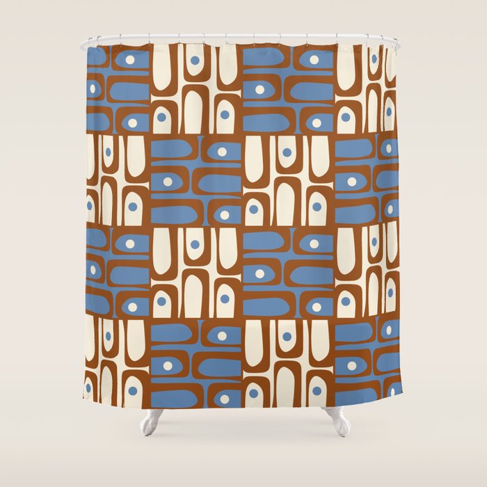 Mid Century Modern Piquet Abstract Multi Retro Brown and Blue Pattern Shower Curtain Gallery Image 1