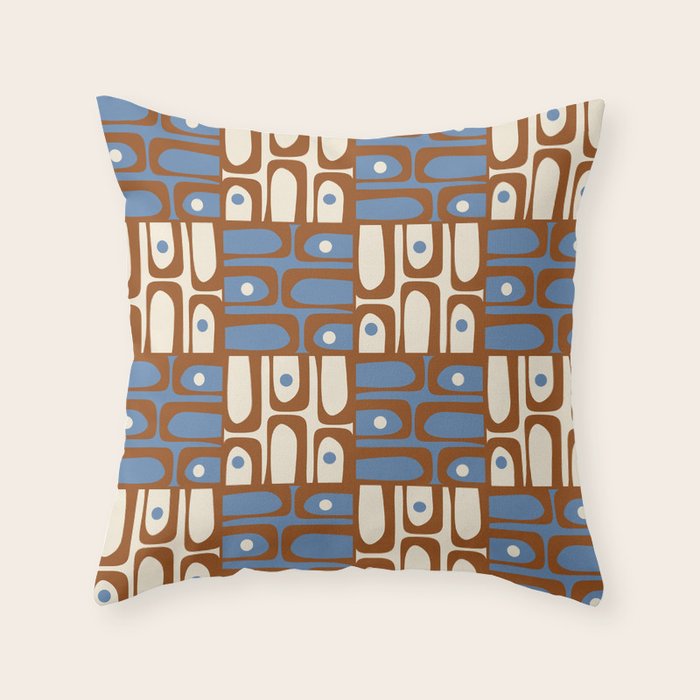 Mid Century Modern Piquet Abstract Multi Retro Brown and Blue Pattern Throw Pillow Gallery Image 6