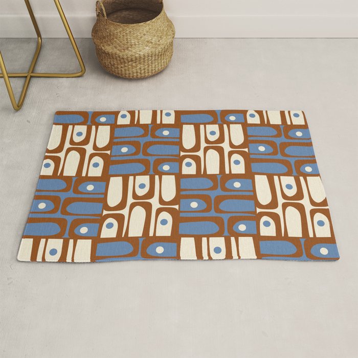 Mid Century Modern Piquet Abstract Multi Retro Brown and Blue Pattern Rug Gallery Image 1