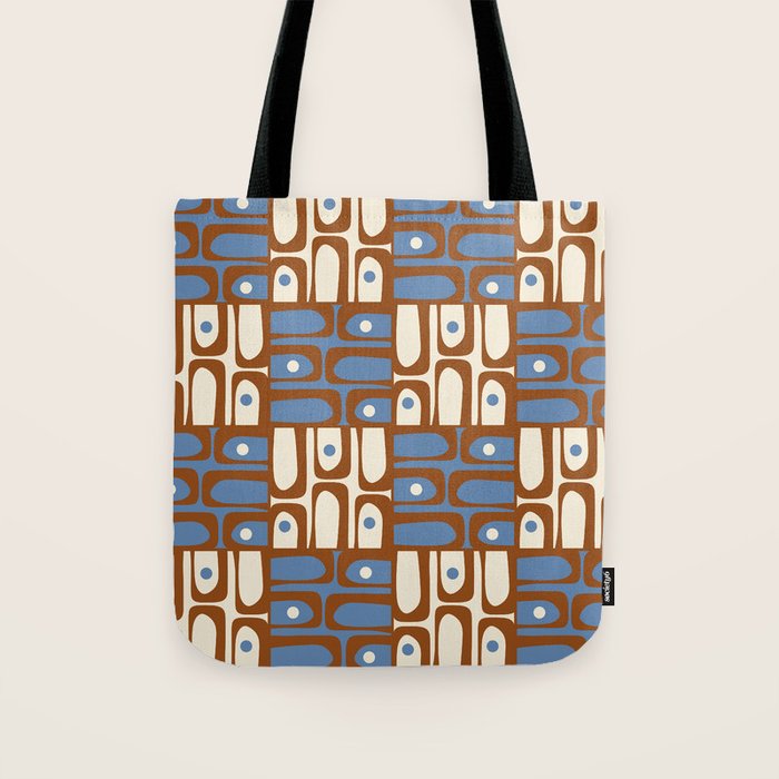 Mid Century Modern Piquet Abstract Multi Retro Brown and Blue Pattern Tote Bag Gallery Image 1