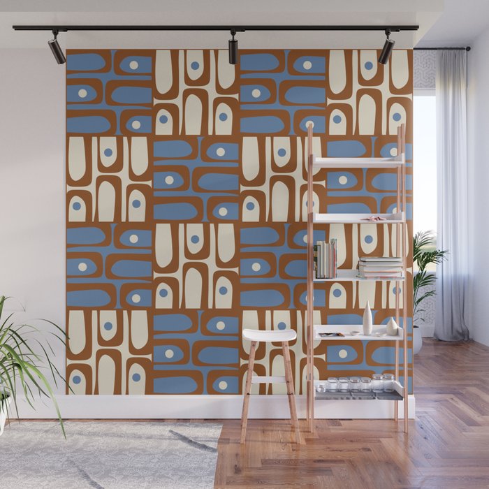 Mid Century Modern Piquet Abstract Multi Retro Brown and Blue Pattern Wall Mural Gallery Image 1