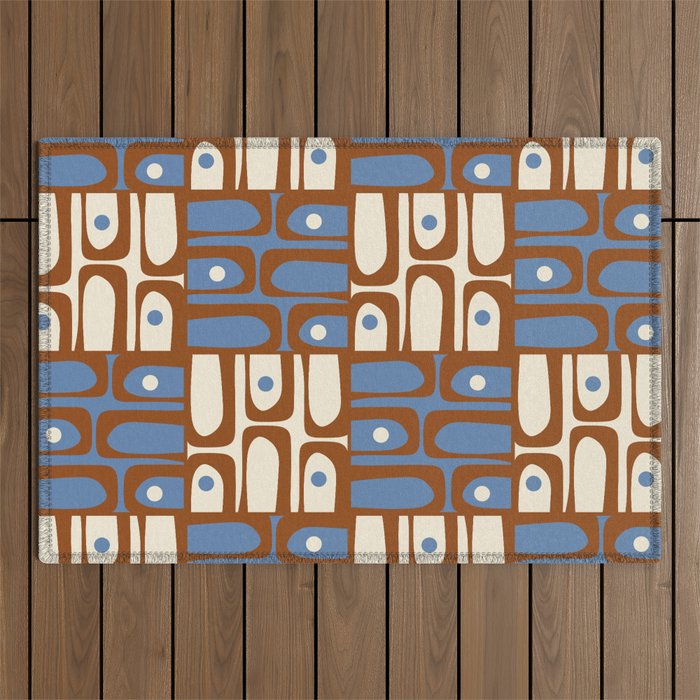 Mid Century Modern Piquet Abstract Multi Retro Brown and Blue Pattern Outdoor Rug Gallery Image 1