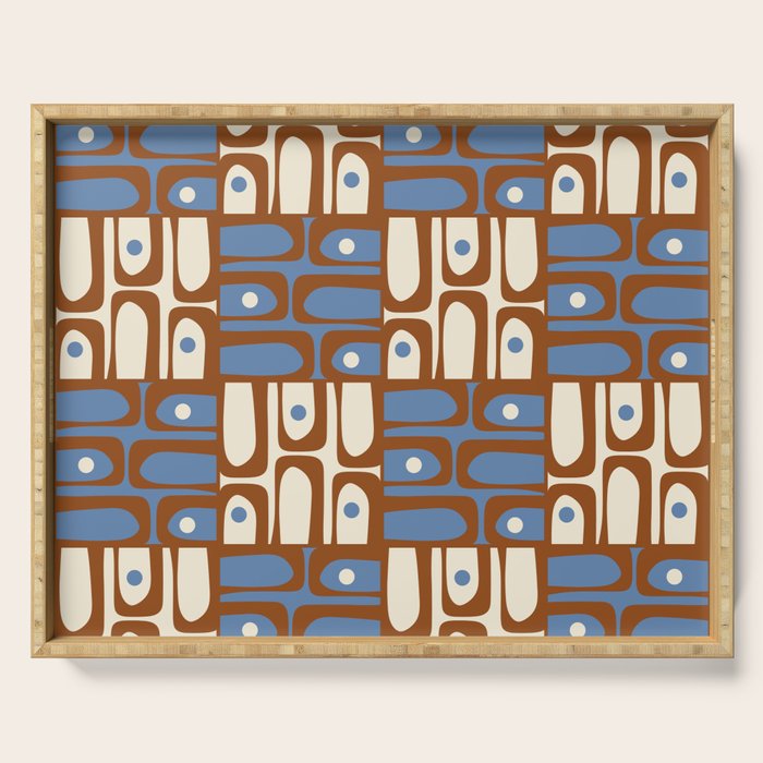 Mid Century Modern Piquet Abstract Multi Retro Brown and Blue Pattern Serving Tray Gallery Image 1