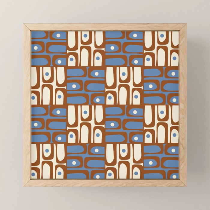 Mid Century Modern Piquet Abstract Multi Retro Brown and Blue Pattern Mini Art Print Gallery Image 1