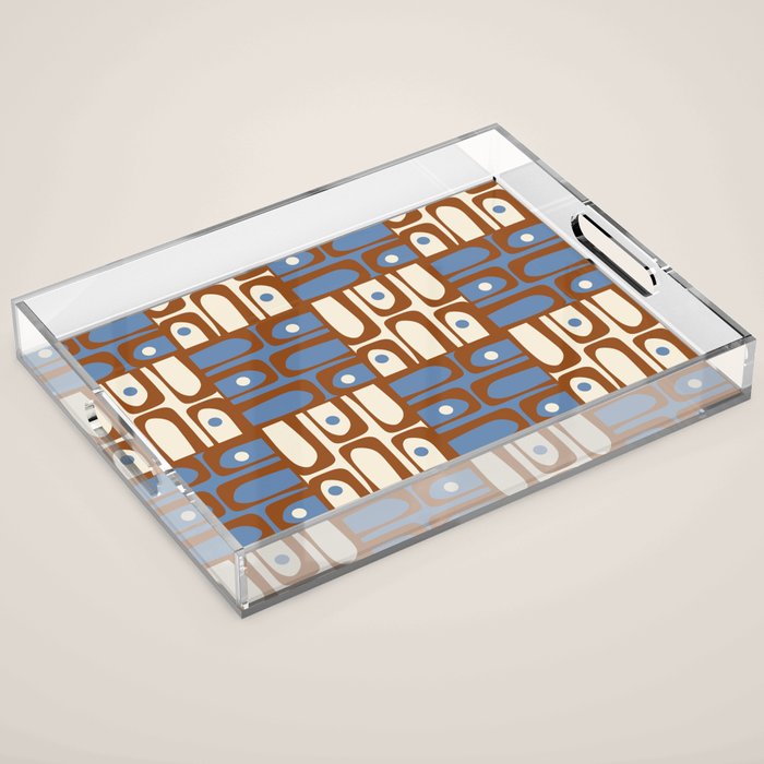 Mid Century Modern Piquet Abstract Multi Retro Brown and Blue Pattern Acrylic Tray Gallery Image 1