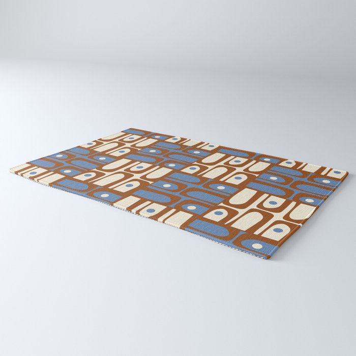 Mid Century Modern Piquet Abstract Multi Retro Brown and Blue Pattern Rug Gallery Image 3
