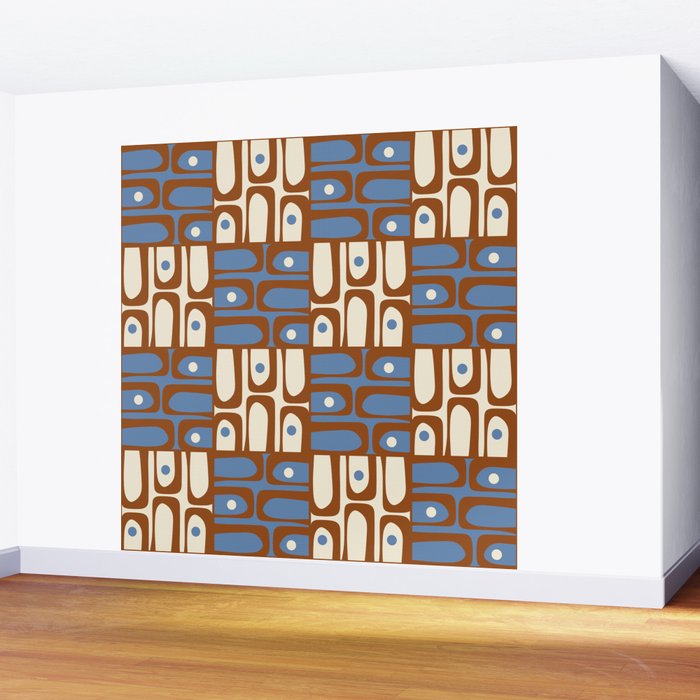 Mid Century Modern Piquet Abstract Multi Retro Brown and Blue Pattern Wall Mural Gallery Image 2