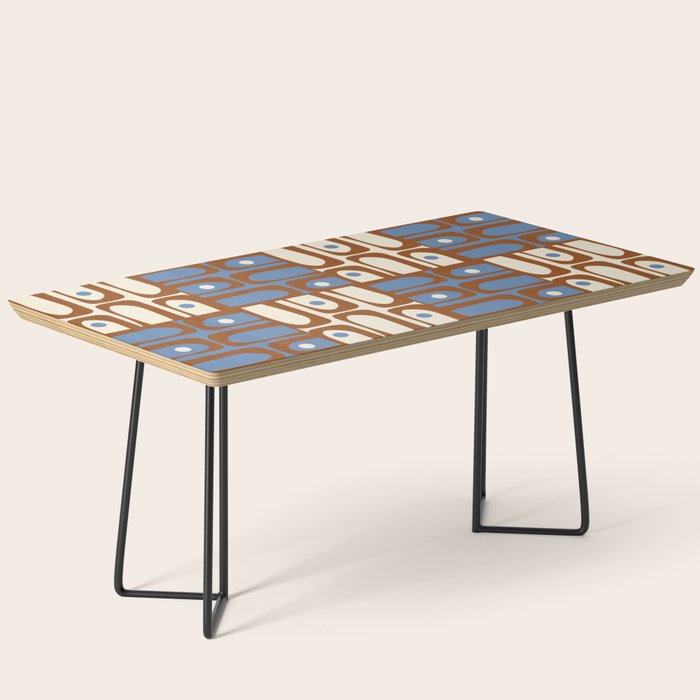 Mid Century Modern Piquet Abstract Multi Retro Brown and Blue Pattern Coffee Table Gallery Image 1