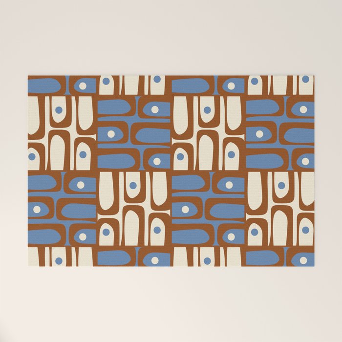 Mid Century Modern Piquet Abstract Multi Retro Brown and Blue Pattern Welcome Mat Gallery Image 1