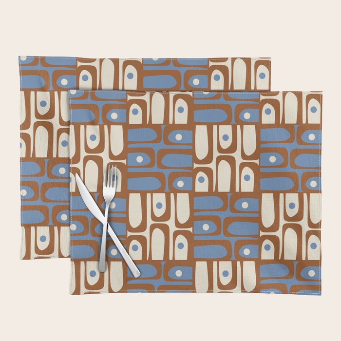 Mid Century Modern Piquet Abstract Multi Retro Brown and Blue Pattern Placemat Gallery Image 1