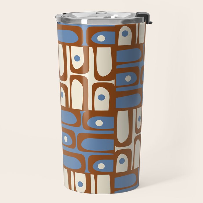 Mid Century Modern Piquet Abstract Multi Retro Brown and Blue Pattern Travel Mug Gallery Image 2