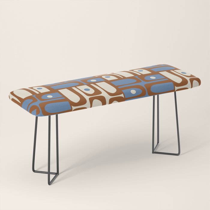 Mid Century Modern Piquet Abstract Multi Retro Brown and Blue Pattern Bench Gallery Image 1