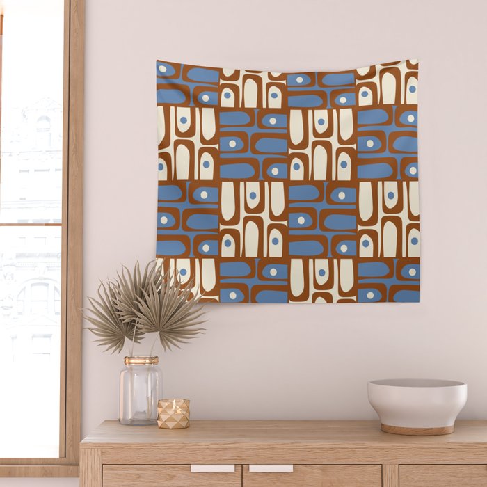 Mid Century Modern Piquet Abstract Multi Retro Brown and Blue Pattern Wall Tapestry Gallery Image 2