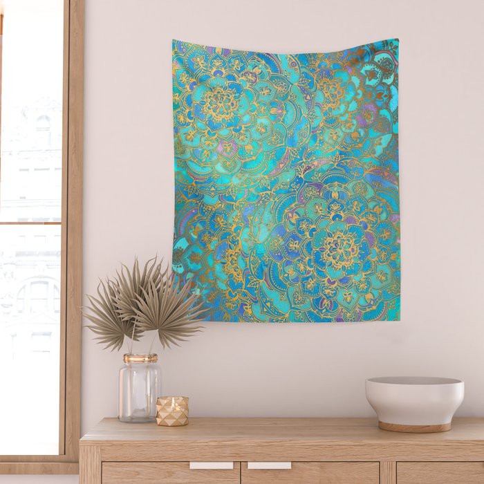 Sapphire & Jade Stained Glass Mandalas Wall Tapestry Gallery Image 2