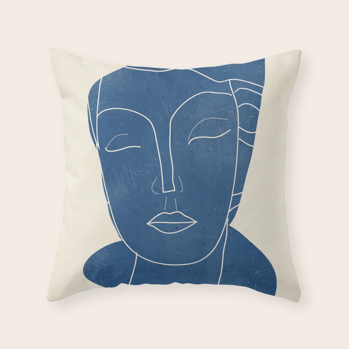 Lady Portrait Minimal Line Art 3 Blue Throw Pillow Gallery Image 6