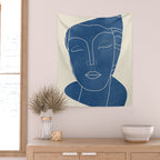 Lady Portrait Minimal Line Art 3 Blue Wall Tapestry Gallery Image 2