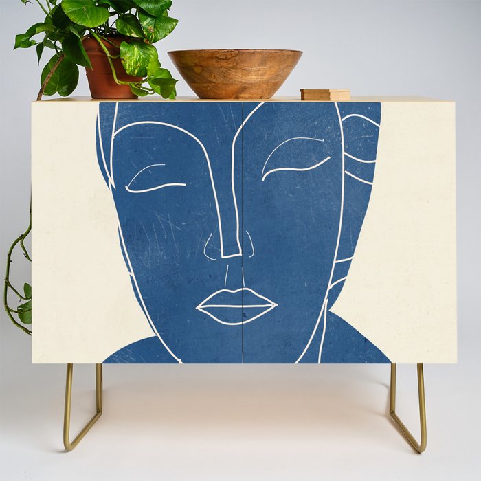 Lady Portrait Minimal Line Art 3 Blue Credenza Gallery Image 1