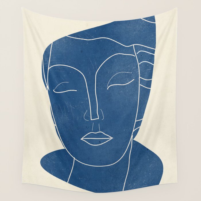 Lady Portrait Minimal Line Art 3 Blue Wall Tapestry Gallery Image 1
