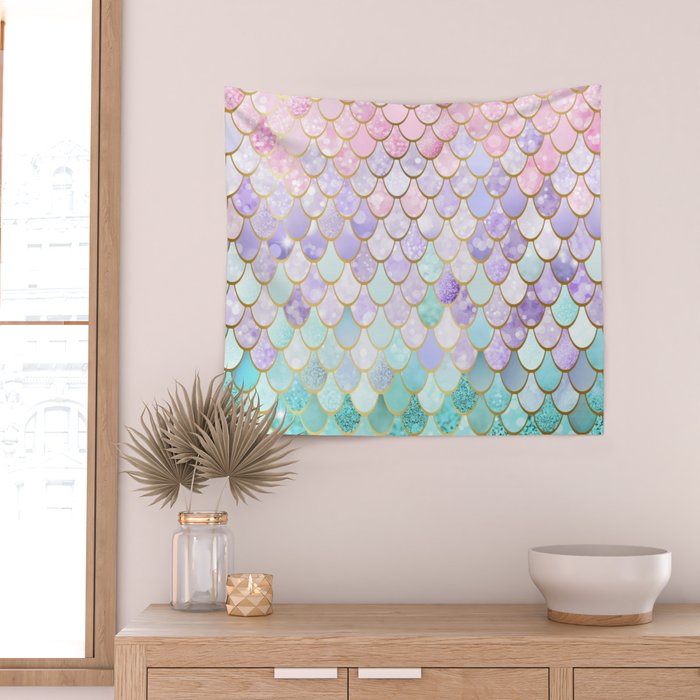 Mermaid Art, Pastel and Gold Wall Tapestry Gallery Image 2