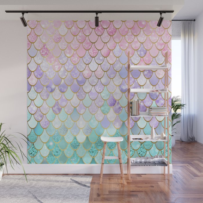 Mermaid Art, Pastel and Gold Wall Mural Gallery Image 1