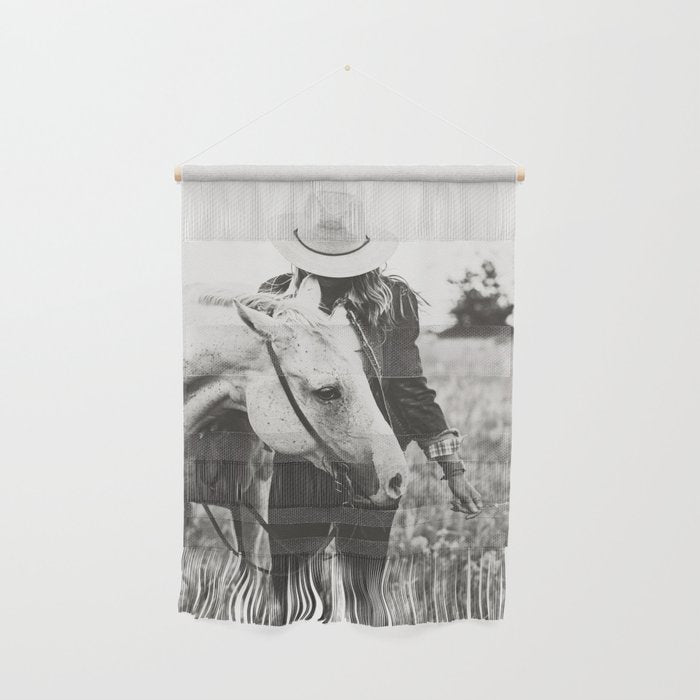 A Cowgirl & Her Horse - Black & White Photo Wall Hanging Gallery Image 1
