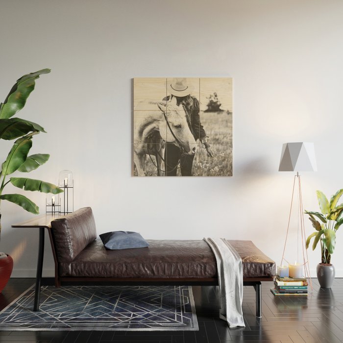 A Cowgirl & Her Horse - Black & White Photo Wood Wall Art Gallery Image 2