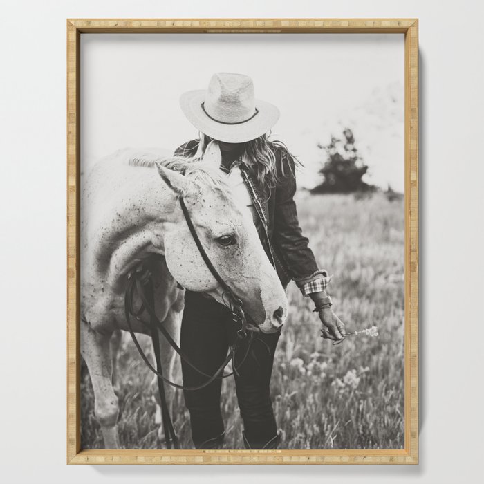 A Cowgirl & Her Horse - Black & White Photo Serving Tray Gallery Image 1
