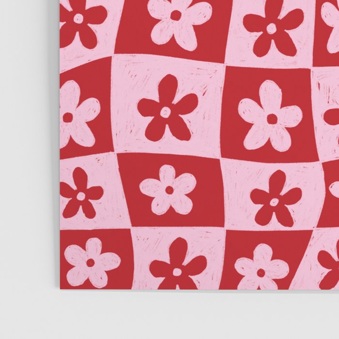 Red and Pink Retro Daisy Checkerboard Swirl Pattern Poster Gallery Image 3