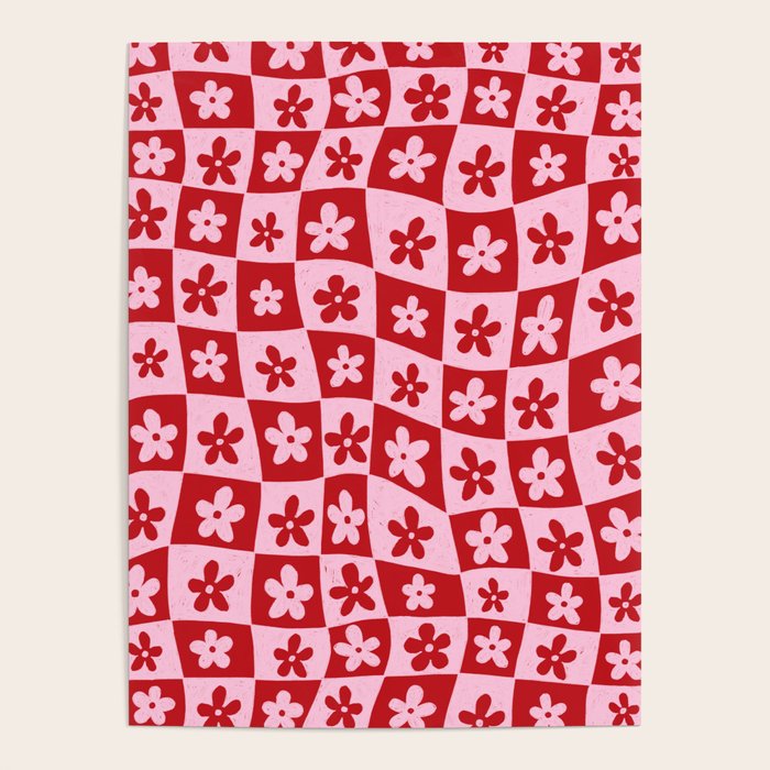 Red and Pink Retro Daisy Checkerboard Swirl Pattern Poster Gallery Image 1