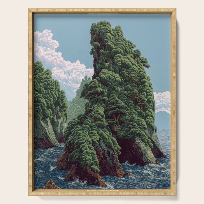 Japanese Wall Art Sage Green Poster Japanese Painting coastal japandi Art Maximalist Art Serving Tray Gallery Image 1