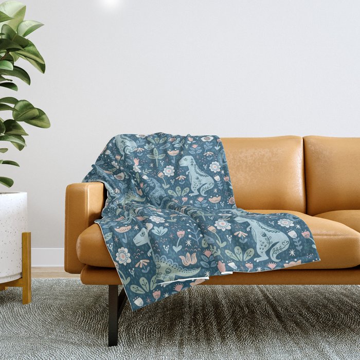 Folk Dinosaurs in Blue Throw Blanket Gallery Image 1