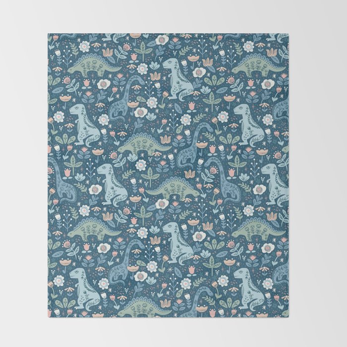 Folk Dinosaurs in Blue Throw Blanket Gallery Image 2